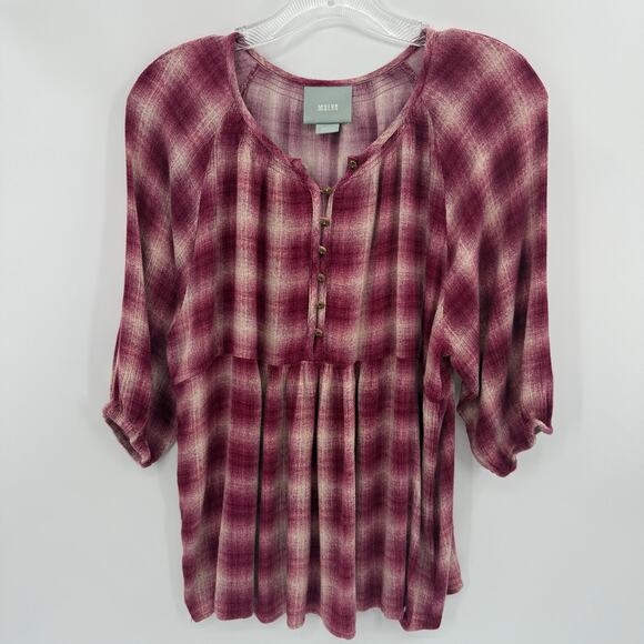 Maeve Tops - MAEVE by Anthro Women Babydoll Shirt Size S High Waist Y2K Pink Plaid Peplum
